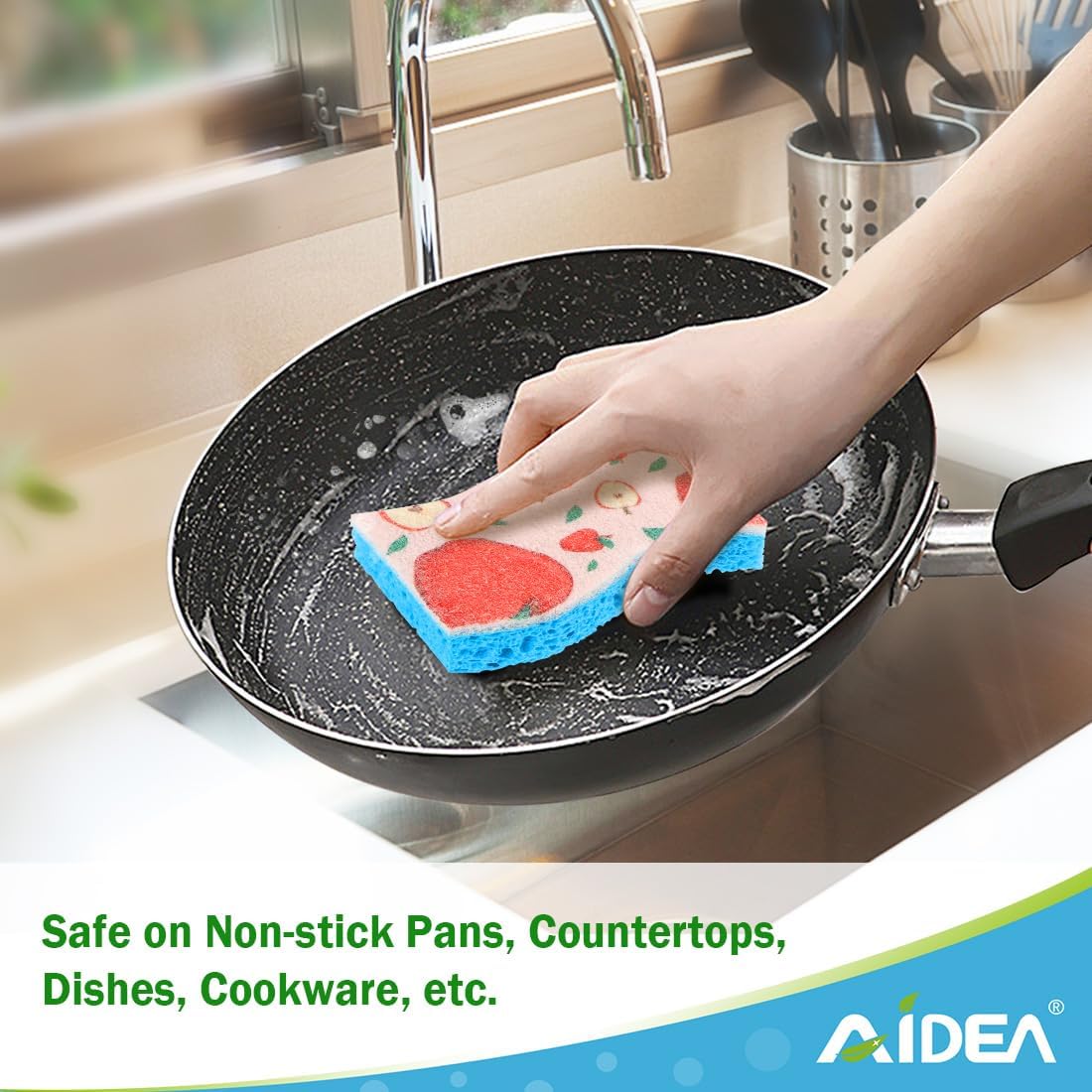 AIDEA Sponges Kitchen, Non-Scratch Scrub Sponge-24Count, Sponges for Non-Stick Cookware, Cellulose Sponge for Dishes, Cleans Fast Without Scratching, Cleaning Power for Kitchen, Bathroom, Household