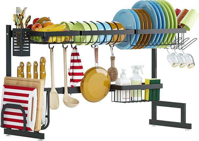 PUSDON Over the Sink Dish Drying Rack, 2 Tier Adjustable Large Capacity Stainless Steel Dish Rack for Kitchen Counter, Heavy Duty Space Saver Organizer with Utensil Holder, Black - Image 7