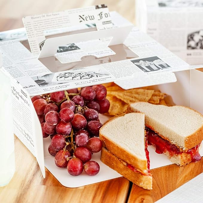 Restaurantware Cater Tek Square Newsprint Paper Cake / Lunch Box - with Pop-Up Handle Window - 9" x 9" x 3 1/2" - 50 count box - Image 3