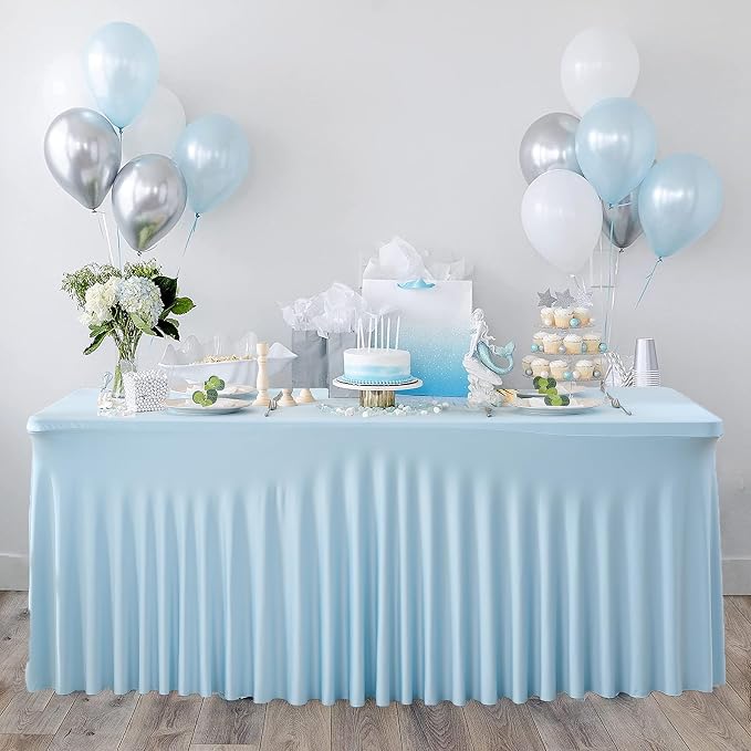 2Pack Baby Blue Spandex Table Clothes for 6 Foot Rectangle Tables, Fitted Table Cover 6ft Stretch Tablecloths Desk Skirt for Parties Weddings Birthday Banquet Baby Shower - Image 8
