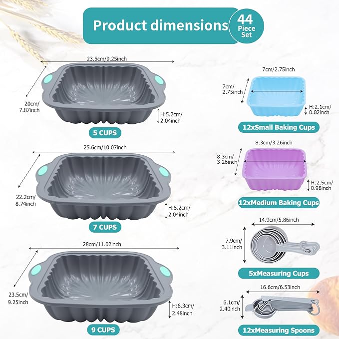 To encounter 44 Pieces Silicone Square Cake Pans Set, 3 Sizes Silicone Fluted Cake Pan with Reusable Baking Cups, Food Grade Baking Molds for Brownie, Bread, Muffin, Light Grey - Image 6