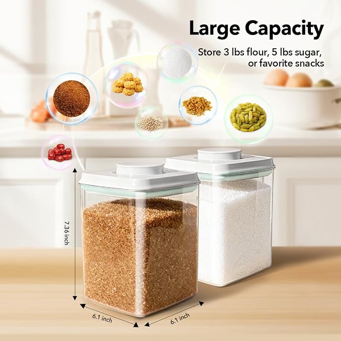 Food Storage Container Set 2.8 Qt ×2 with Lids, Airtight Pantry Canisters, BPA-Free Plastic Flour Sugar Storage Containers, One-Touch Press-to-Open Lids, Stackable Clear Jars for Rice, Cereal, Coffee - Image 6