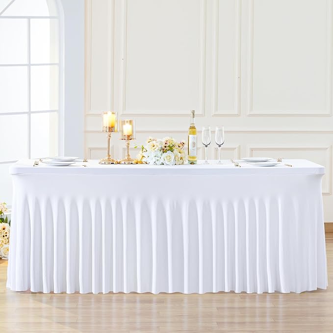 Besutolife 6 Pack White Spandex Tablecloth for 8ft Rectangle Tables Fitted Table Cloth Stretch Table Covers Skirt 8ft Rectangular Tablecloths for Banquet Parties Wedding Decorations - Image 9