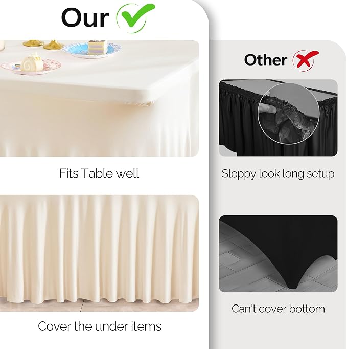 Wish Care 2 Pack Ivory Spandex Table Clothes for 6 Foot Rectangle Tables, 6FT Wrinkle Free Fitted Tablecloths Ruffles Design Table Cover for Party, Banquet, Wedding and Events - Image 7