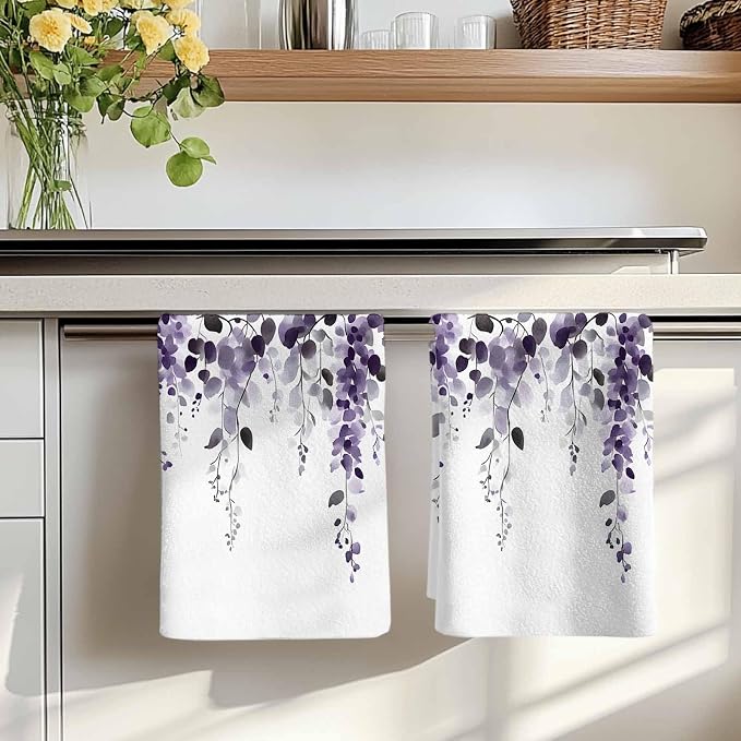 Purple Eucalyptus Kitchen Towels Set of 3, Absorbent Dish Towels for Kitchen, Spring Summer Botanical Plants Chic Microfiber Hand Towel, Quick Drying Tea Towel for Cleaning Decorative Dishcloths - Image 7
