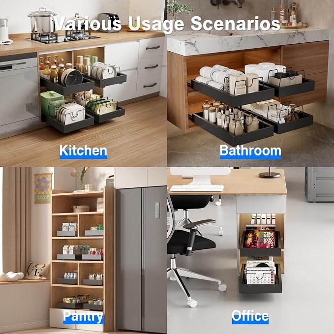 Mustorn 2 Pack Pull Out Cabinet Organizer with 8 Dividers,21.8" Deep Slide Out Drawers for Cabinets Adhesive Pull Out Drawers Heavy Duty Pull Out Shelves for Kitchen, Cupboard, Pantry, Bathroom-Black - Image 7