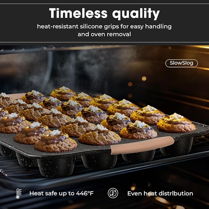 11-Piece Baking Pans Set, Nonstick Bakeware Sets, Oven Pans, Khaki&Black | Stackable Non-Toxic Baking Set with Silicone Handles, Includes Cookie Sheet, Cake Pans, Loaf Pan, Pizza Pan, Muffin Pan - Image 9