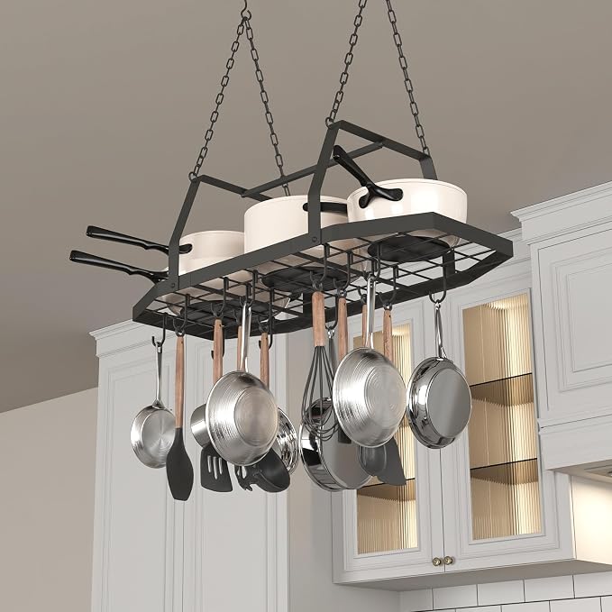 Hexagon Ceiling Pot Rack Hanging Pan Rack Hanging with 15 Hooks | 34" Metal Hanging Pots and Pans Ceiling Mount Organizer Rack, Pot and Pan Hangers for Kitchen Cookware Utensils - Image 9