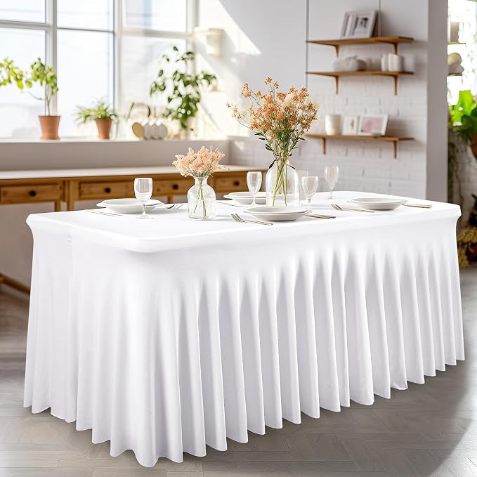 Wish Care 6 Pack White Spandex Table Clothes for 8 Foot Rectangle Tables, 8FT Wrinkle Free Fitted Tablecloths Ruffles Design Table Cover for Party, Banquet, Wedding and Events - Image 7