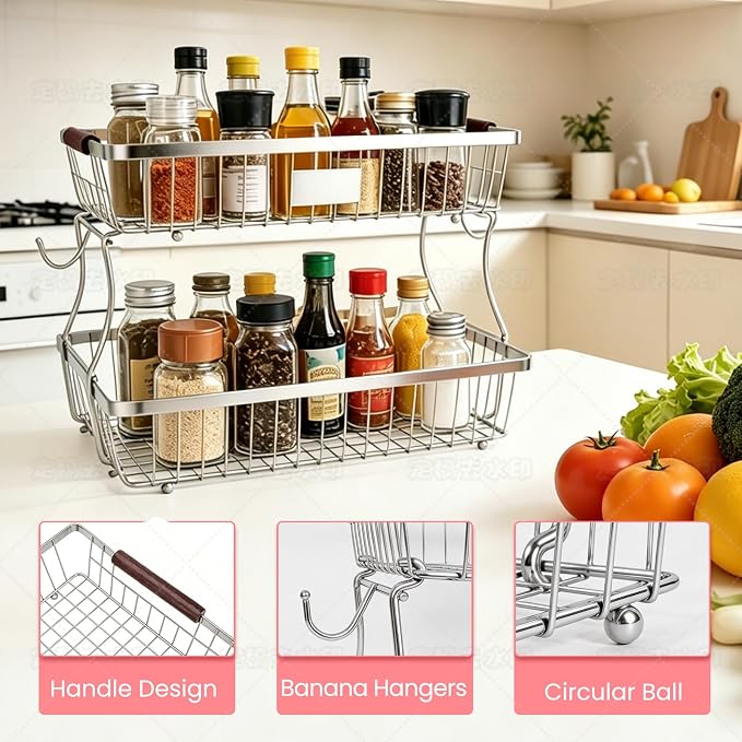 2-Tier Stackable Wire Basket with 2 Banana Hooks, Pantry Organizer for Kitchen Countertops, Cabinets & Under-Sink Spaces; Ideal for Storing Snacks, Fruits, Veggies, Onions, Potatoes, & More,Chrome - Image 6
