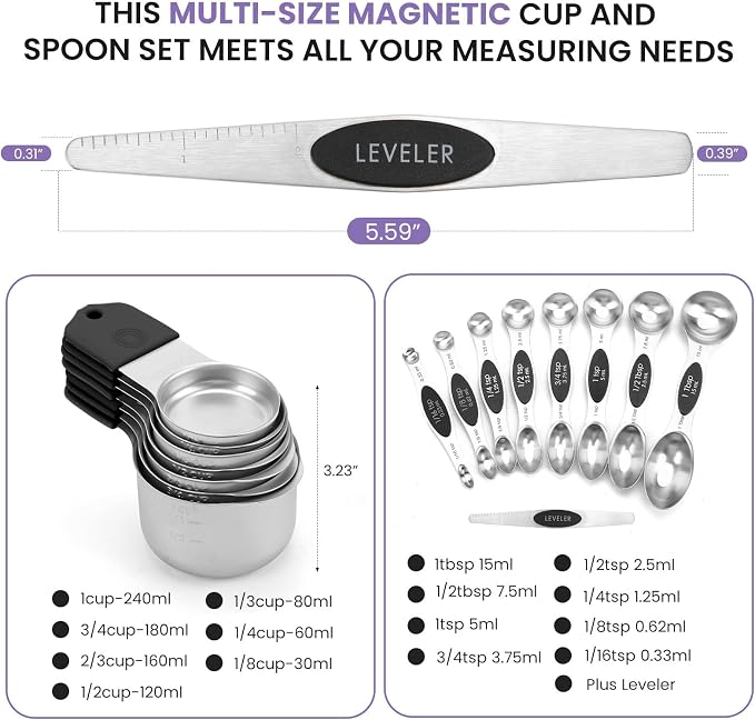 Magnetic Measuring Cups and Spoons Set-Heavy Duty 304 Stainless Steel | Double Measurement Markings,BPA-Free,Set of 16 with Leveler for Measuring Dry and Liquid Ingredients(Black) - Image 6
