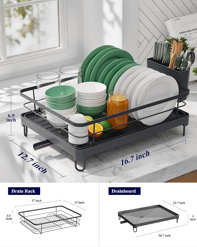 Kitsure Dish Drying Rack for Kitchen Counter, 12.7''W x 16.7''L, Grey - Image 3