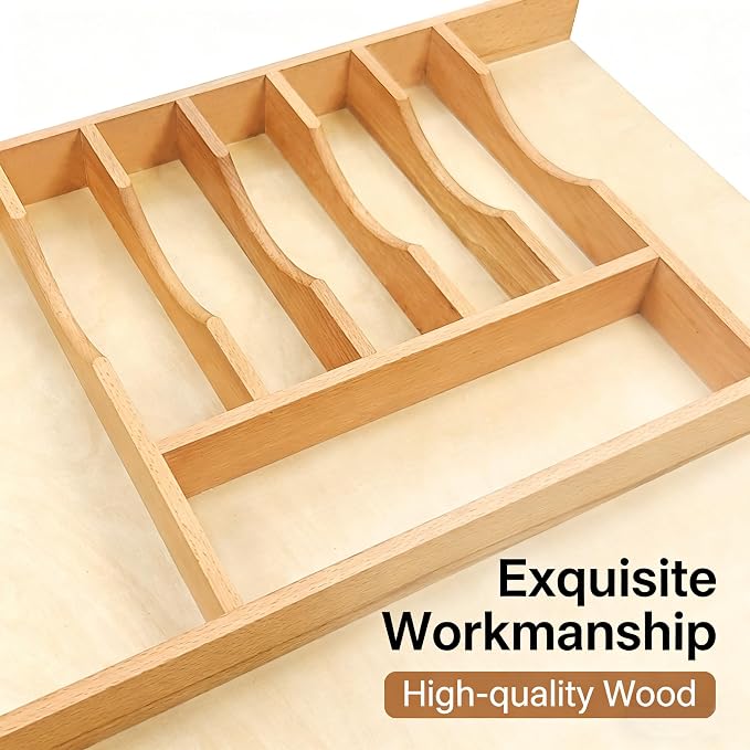 Silverware Drawer Organizer - Trim-to-Fit with Adjustable Dividers for Kitchen Utensil Storage, Beech Wood Frame with 11 Sizes (13.23" W x 22" D) - Image 7