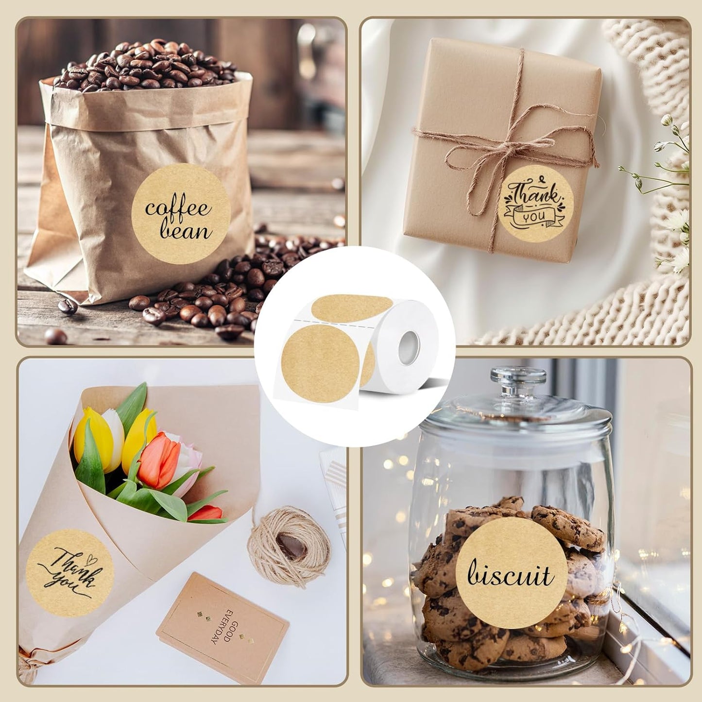 Thermal Label,3 Inch Kraft Paper Round Thermal Printer Sticker,Self-Adhesive Round Direct Thermal Labels,Thermal Stickers for DIY Logo Design,Name Tag (300 Labels/1 Roll)