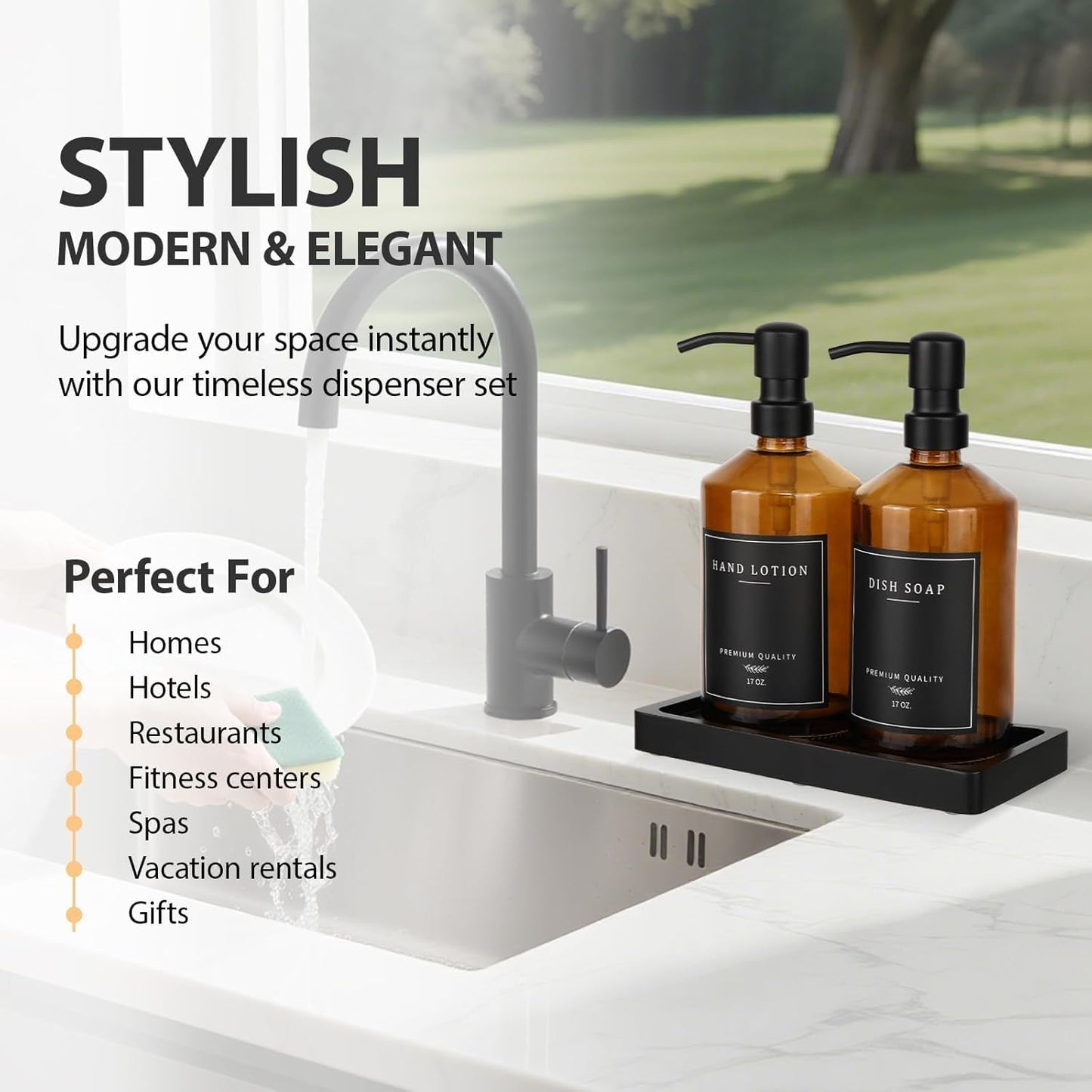 Amber Glass Soap Dispenser, Bathroom Hand Soap Dispensers with Stainless Pump, 17 Oz Kitchen Hand and Dish Soap Dispenser Set, Modern Liquid Soap Lotion Dispenser (Amber Bottle/Black Pump)