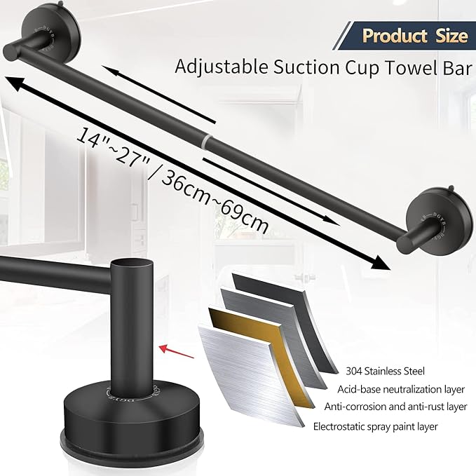 DGYB Adjustable Suction Cup Towel Bar for Bathroom 14-27 Inch Matte Black Towel Rack No Drill Removable Shower Towel Holder for Glass Door - Image 7