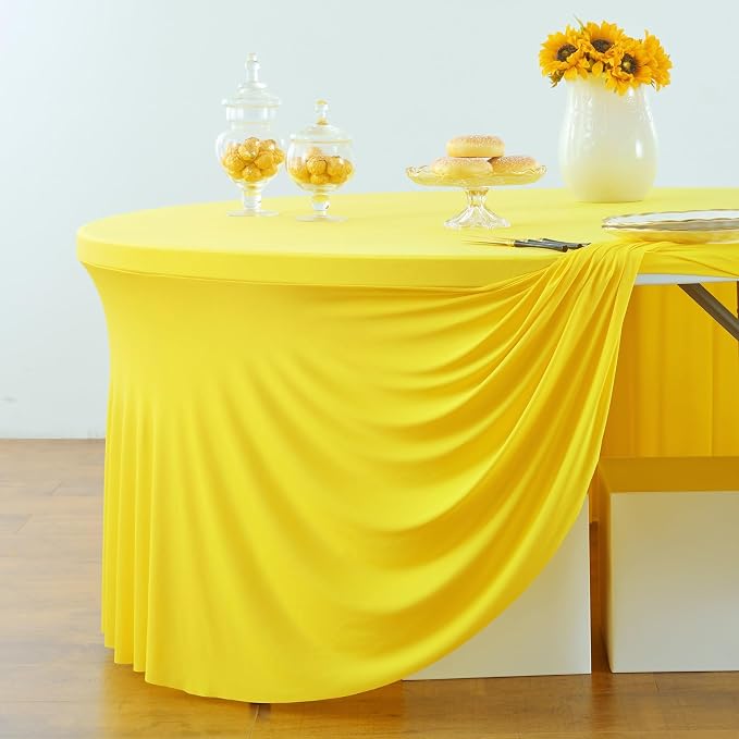 leegleri 6 Pack 60Inch Yellow Spandex Round Tablecloths, Stretchy 120inch Fitted 5FT Round Table Cloths, Wrinkle Free Table Cover with Skirt for Wedding Party Dining Banquet - Image 9