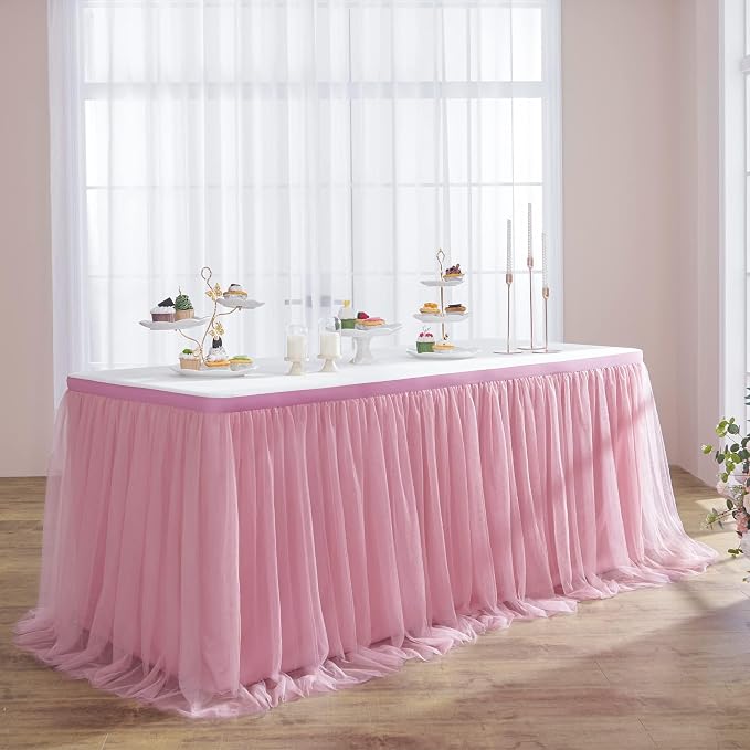 96inch Dusty Rose Tulle Table Skirt for Rectangle Tables, 2 Layer Pleats Ruffle Tulle Tutu Desk Table Skirts 8ft for Wedding Party Birthday Cake Dessert Tables(Cover Front Only, No Top Cover) by ENJOYYOURPARTY