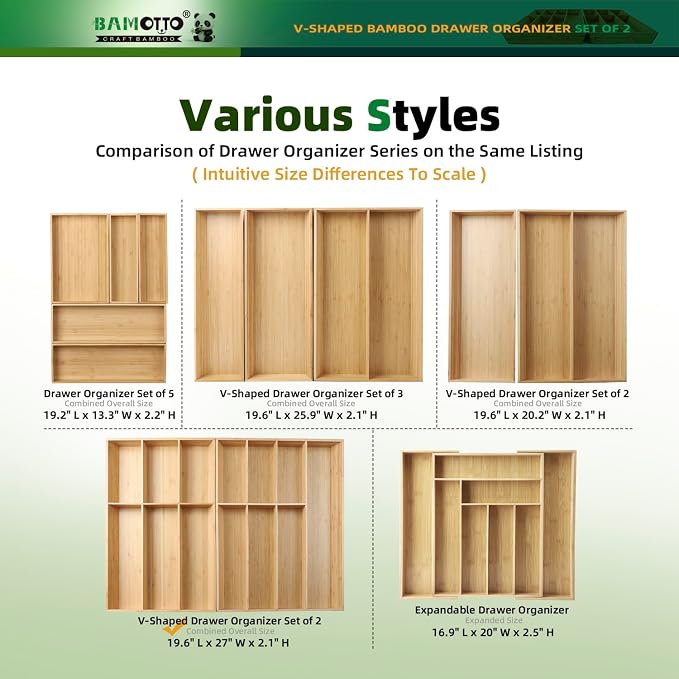 BAMOTTO CRAFTBAMBOO 13 Slot V-Shaped Bamboo Drawer Organizer Set of 2 | Cutlery Tray | Silverware & Flatware Organizer | Utensil | Kitchen & Bathroom | Extra Large 19.6"×14.6" & 19.6"×12.4" - Image 7