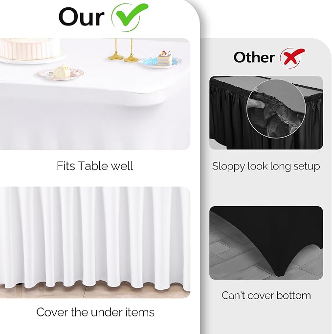 Wish Care 2 Pack White Spandex Table Clothes for 6 Foot Rectangle Tables, 6FT Wrinkle Free Fitted Tablecloths Ruffles Design Table Cover for Party, Banquet, Wedding and Events - Image 7
