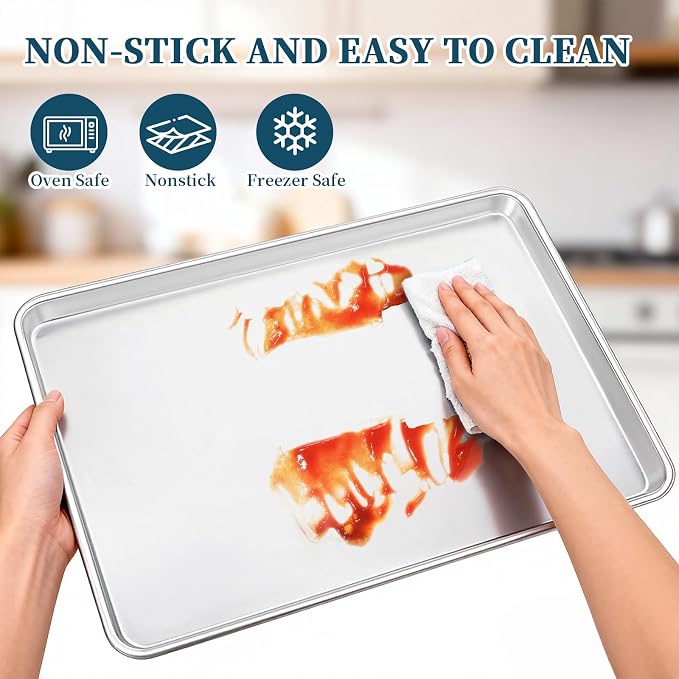 Full Size Commercial Quality Baking Sheet Pan, Bastwe Aluminum Cookie Tray Pan for Oven, Freezer, Bakery, Hotel Restaurant, Thick Steel Rim Prevents Warping (12 Pack, 26 x 18 Inch) - Image 7