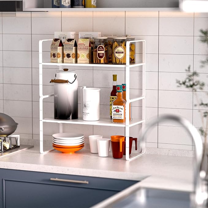 iPEGTOP Expandable Cabinet Storage Shelf Organizer Rack, Heavy Duty Cupboard Stand Spice Rack Adjustable Height Garage Pantry Shelf Space Riser for Counter Kitchen Organization, White, 3 Pack - Image 9