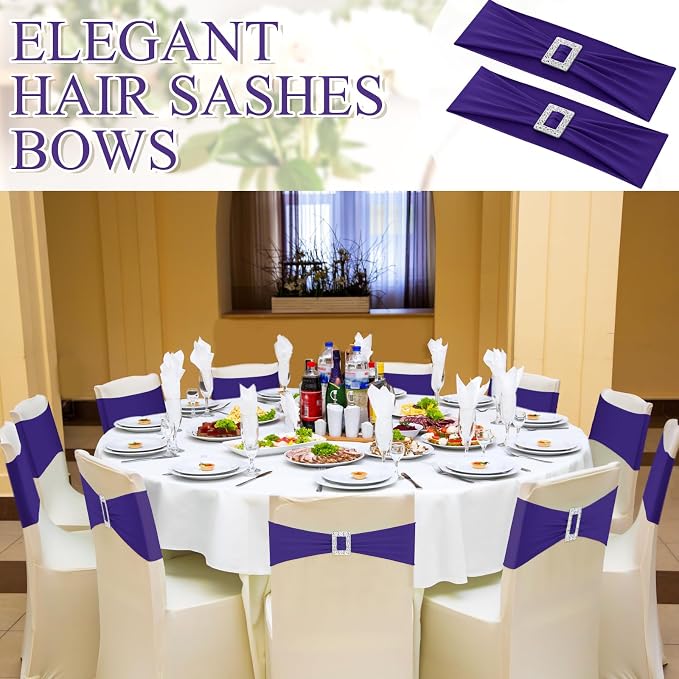 VitalCozy 100 Pcs Spandex Chair Sashes Wedding, Square Buckle, Dark Purple - Image 6