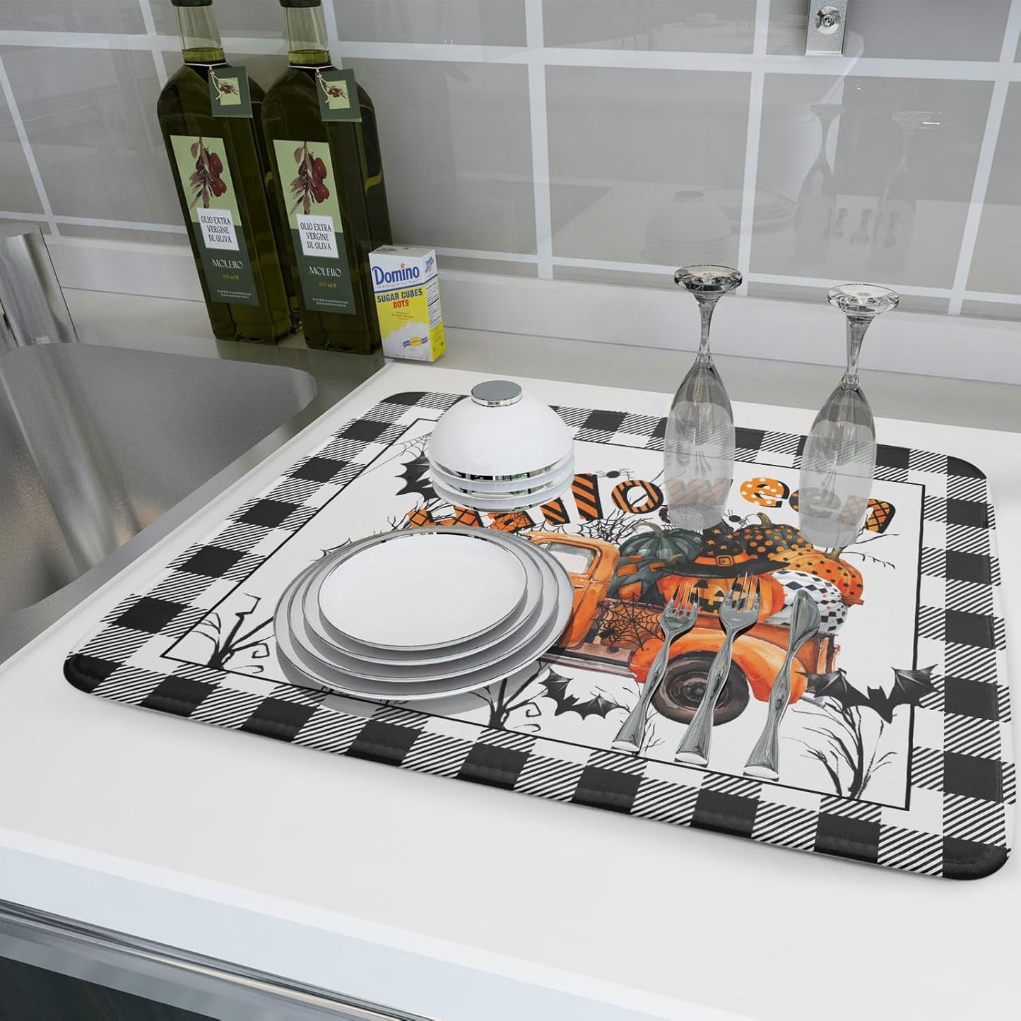 Holiday Truck Dish Drying Mat - Orange Holiday Absorbent Microfiber Dish Drying Pad for Kitchen Counter