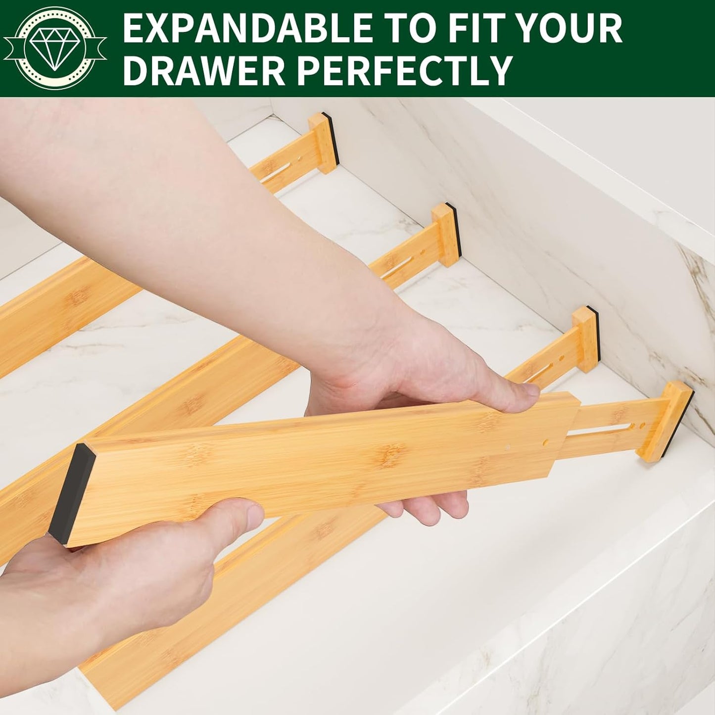 6 Pack Bamboo Drawer Dividers 2.6" High,17-22" Adjustable Spring Loaded Drawer Organizers for Kitchen, Dresser, Bathroom, Bedroom and Office