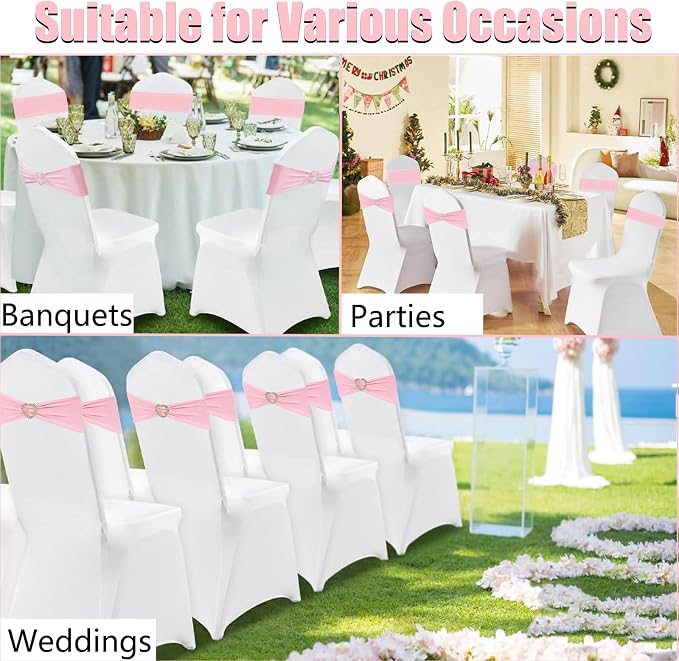 Light Pink Chair Sashes for Wedding 50Pcs Spandex Pink Sashes for Chairs Covers Stretch Chair Sashes Band with Heart Buckle Slider Wedding Sashes Bows for Banquet Party Decorations - Image 7