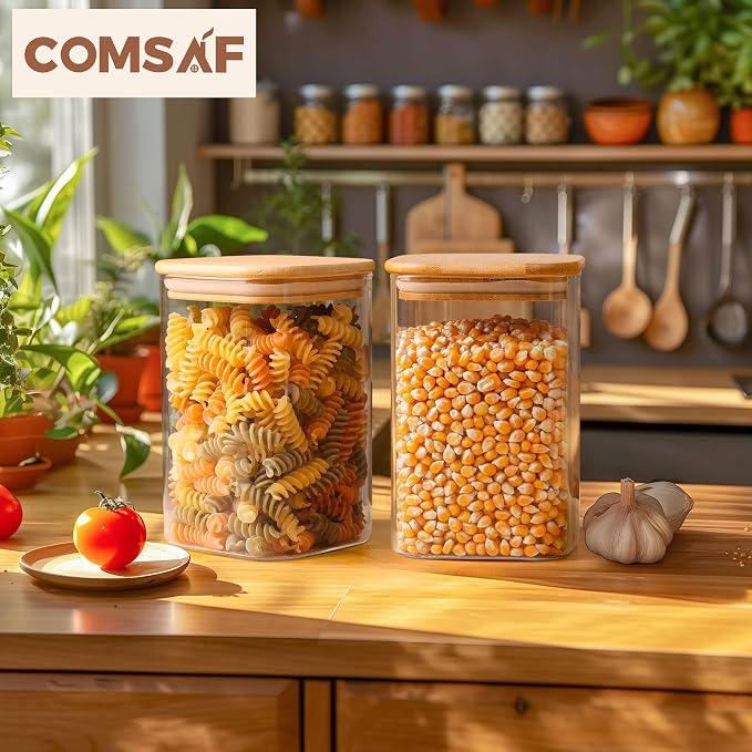 ComSaf 1.2 QT Glass Storage Containers with Lids, Glass Jars with Lids, Clear Food Jar, Square Canister Set of 6, Pantry Organizers and Storage for Cookie Flour Oat Pasta Tea Coffee Bean (Pack of 2) - Image 9