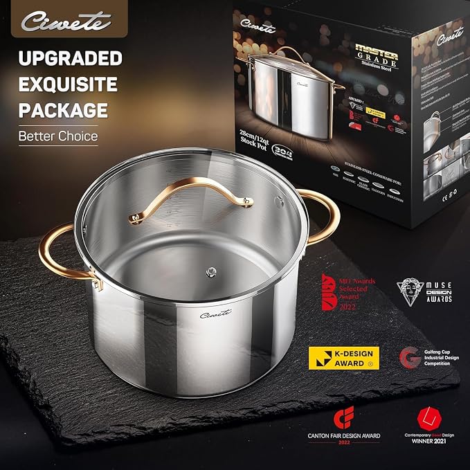 Ciwete Stock Pot 12 Quart, 18/10 Tri-Ply Stainless Steel Whole Clad Stock Pot with Lid, Seamless 12 QT Cooking Pot with Copper Handle, Healthy Stockpots, Induction, Gas, Oven and Dishwasher Safe - Image 9