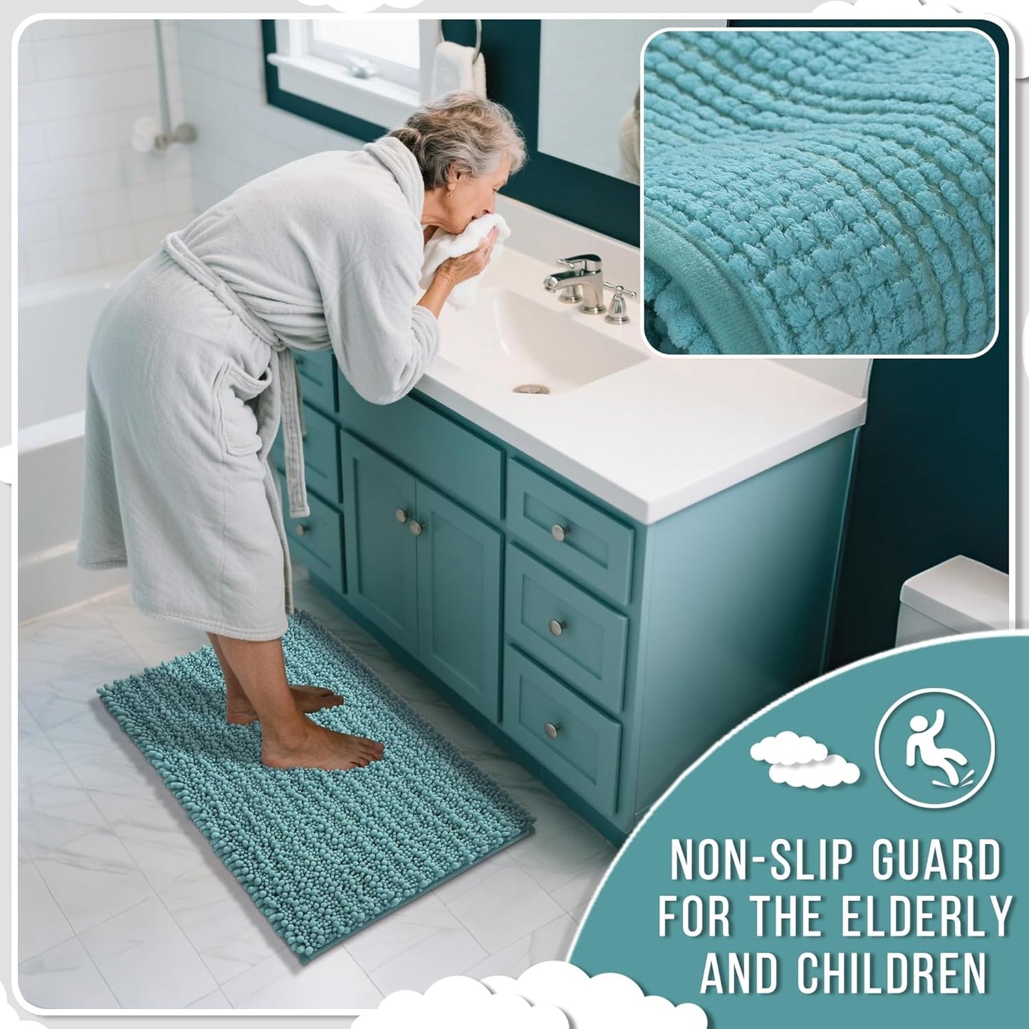 Yimobra Bathroom Runner Rug 70x24 Inch - Extra Long Non Slip Chenille Bath Mat, Soft & Absorbent, Machine Washable Shaggy Hallway Carpet for Vanity Tub Shower, Teal Blue Home Decor Accessories