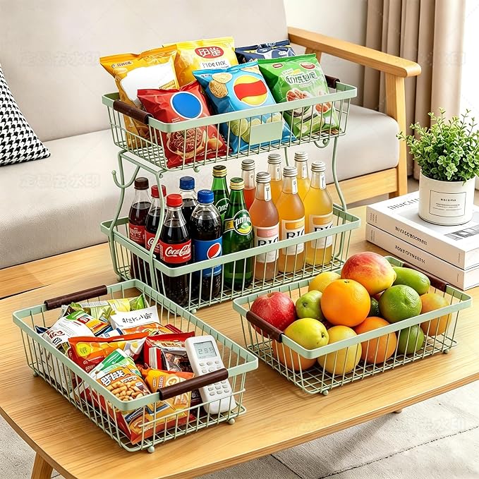 2-Tier Stackable Wire Basket with 2 Banana Hooks, Pantry Organizer for Kitchen Countertops, Cabinets & Under-Sink Spaces; Ideal for Storing Snacks, Fruits, Veggies, Onions, Potatoes, & More,Green - Image 6