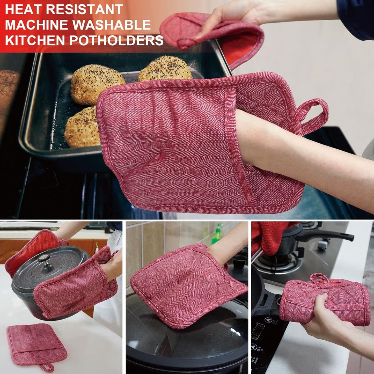 Pot Holders Yarn-Dyed Set of 3 Non Slip Silicone Kitchen Lines Heat Resistant 500℉ Kitchen Gloves BBQ Cooking Baking Cooking Barbecue Microwave Machine Washable (Red Pot Holders)