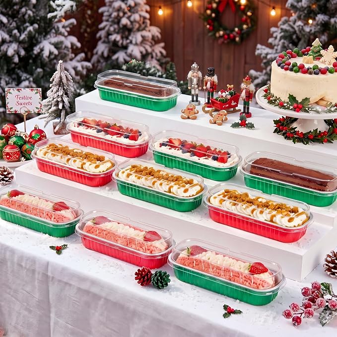 Qunclay 300 Pcs Mini Loaf Pans with Lids 6.8 oz Aluminum Foil Mini Cake Pans with Lids Rectangle Loaf Baking Cups Disposable Cake Containers for Muffin Ramekins Large Gatherings Parties (Red Green) - Image 6