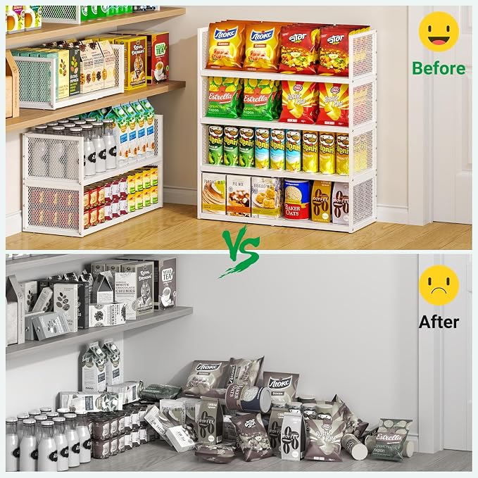 2 Pack Expandable Storage Cabinet, Stackable Pantry and Kitchen Organizers Shelf, Countertop Cabinet Storage Shelves Organizers, Spice Rack, Metal Storage Bins for Spice Can Plate Mug Cups, White - Image 7
