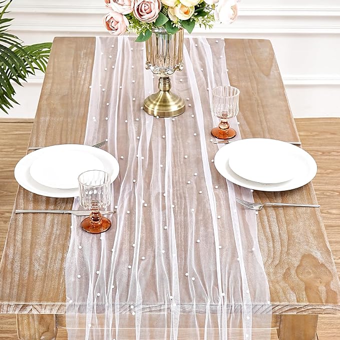 Pearl Gauze Table Runner Pack of 12 Tulle Fabric Lace Boho Sheer Dinner - Image 9