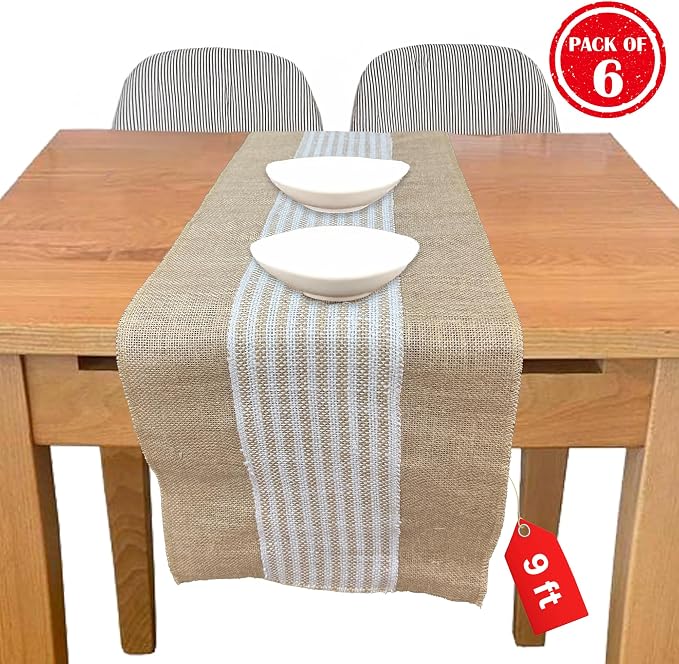 Decorative Table Runner (Pack of 6) – 12”x 108” – Stripe on Natural Rustic Farmhouse Table Runner with Finished Edge – Burlap Runner for Home Decor, Weddings and Christmas - Image 9