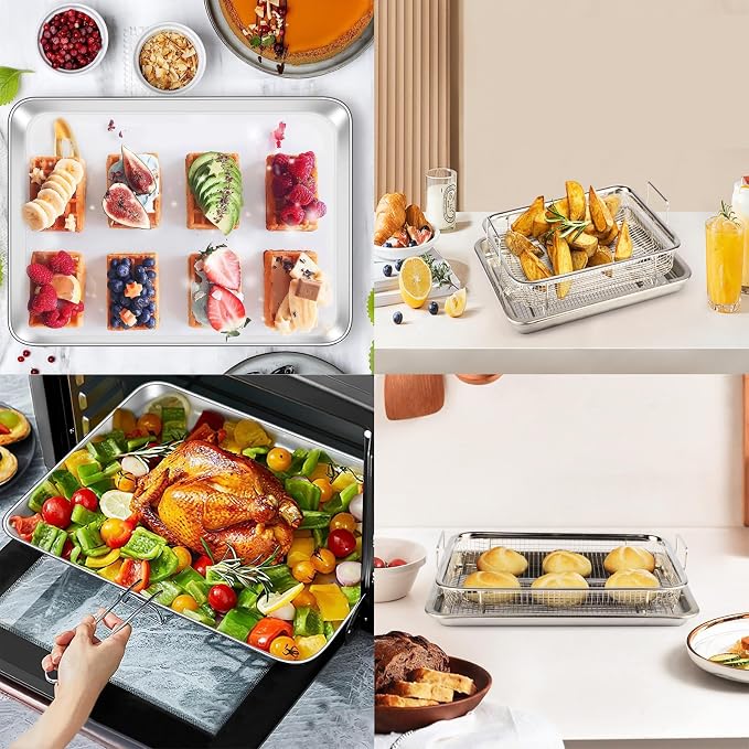 Oven Pan with Grill, Steel Tray, Baking Tray with Cooling Rack, Stainless Steel Rack for Baking Cookies for Roasting Chicken, Pizza (11.93 x 8.89 x 2.28 Inch) - Image 9