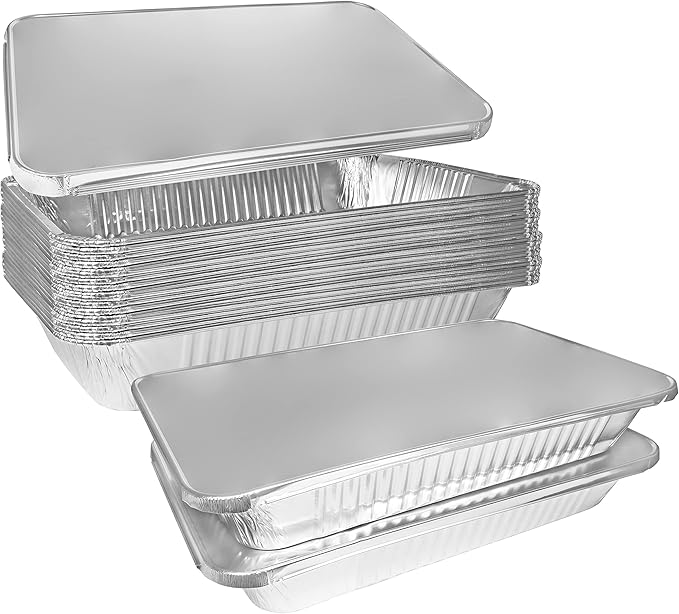 Heavy Duty Full Size Shallow Aluminum Pans with Lids Foil Roasting & Steam Table Pan 21x13 inch - Shallow Chafing Trays for Catering Disposable Large Pans for Baking, Reheating, Grilling (100 PACK) by EcoQuality