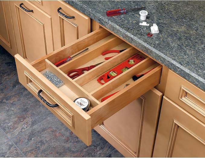 Rev-A-Shelf Trim-to-Fit Shallow Drawer Organizer For Kitchen Utensils, Cutlery Cabinet Storage Divider Insert, 23.98 x 21.97 In, Maple Wood, 4WUT-3SH - Image 9