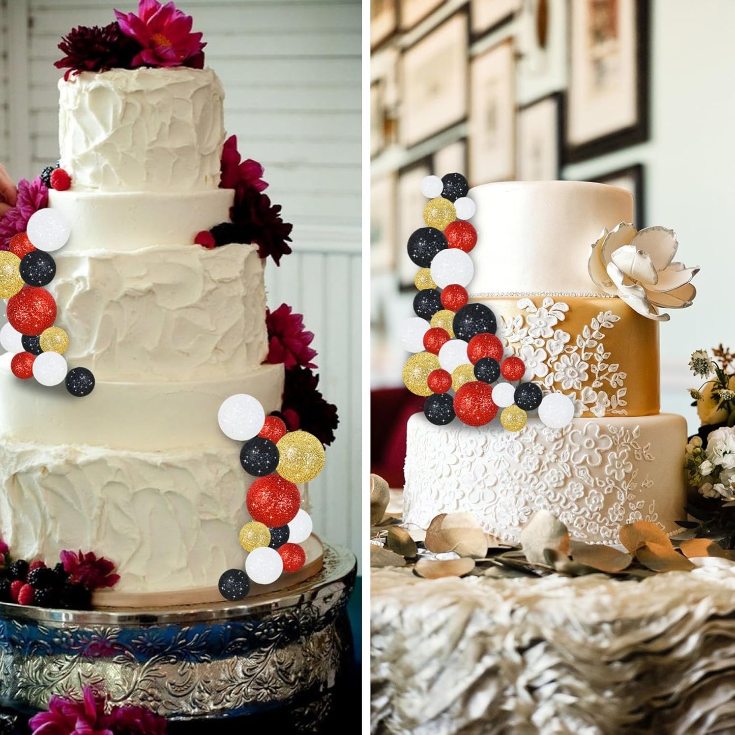 BEISHIDA 40 Pcs Foam Ball Cake Toppers with Sticks Mini Cake Decorations for Birthdays, Weddings, Baby Showers, DIY Baking Supplies, Anniversary Party (Red, Black, White,Gold)