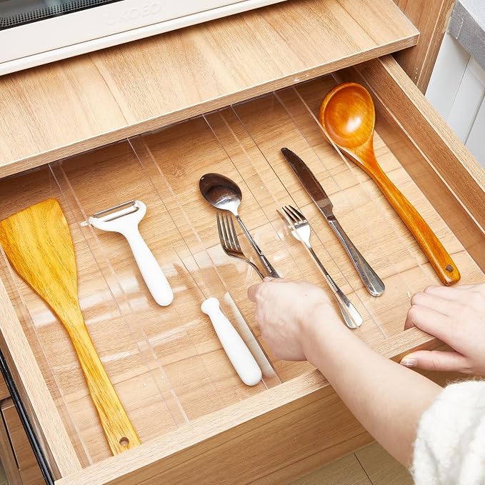 Teenyyou 1 Pack Expandable Kitchen Drawer Organizer Clear Acrylic Utensil Organizer Adjustable Acrylic Silverware Storage for Drawers Silverware Flatware Knives (12 x 16 Inches,3-5 Compartments) - Image 6