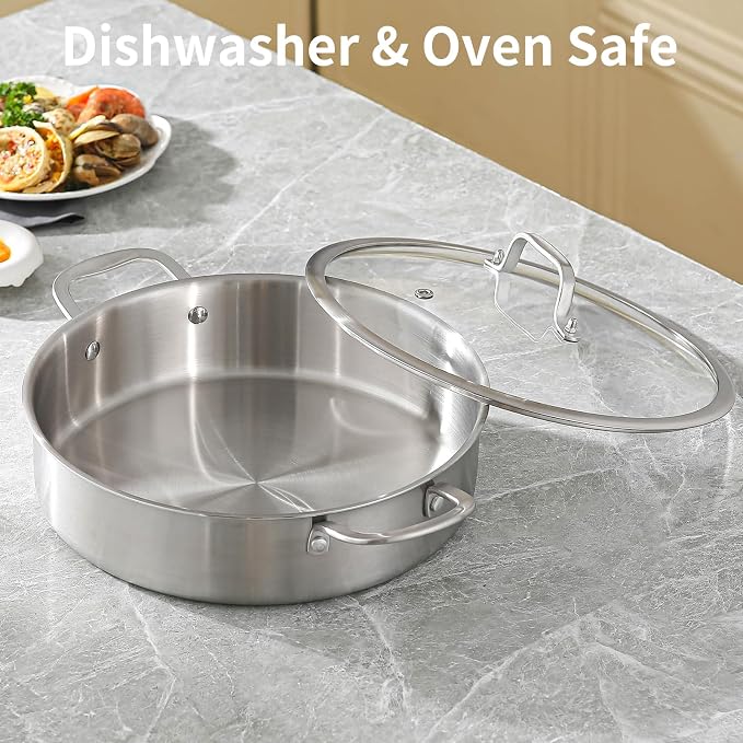 DELARLO Tri-Ply Stainless Steel 7QT Saute Pan With Lid, 12 Inch Deep Frying Pan, Induction Large Skillet, Cooker Pan for Chefs, Dishwasher & Oven Safe - Image 6