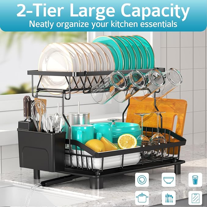 2 Tier Dish Drying Rack for Kitchen Counter, Large Capacity, Black - Image 7