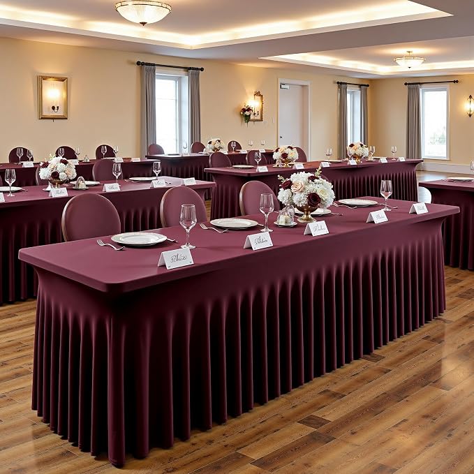2 pk Burgundy Spandex Tablecloth 6ft with Ruffled Tables,Wrinkle Free High-Stretch Fitted Table Cloths for 6 Foot Rectangle Tables,Elastic Maroon Spandex Table Covers 6 ft for Weddings Banquet Dinning - Image 8