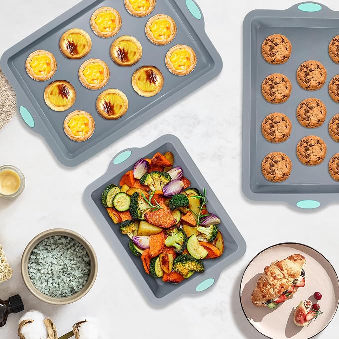 To encounter Silicone Baking Pans Set, 4 Pieces Nonstick Bakeware Set with Baking Pans, Baking Sheets, Cookie Sheets, Cake Pan with Grips and Metal Reinforced Frame More Strength, Light Grey - Image 9
