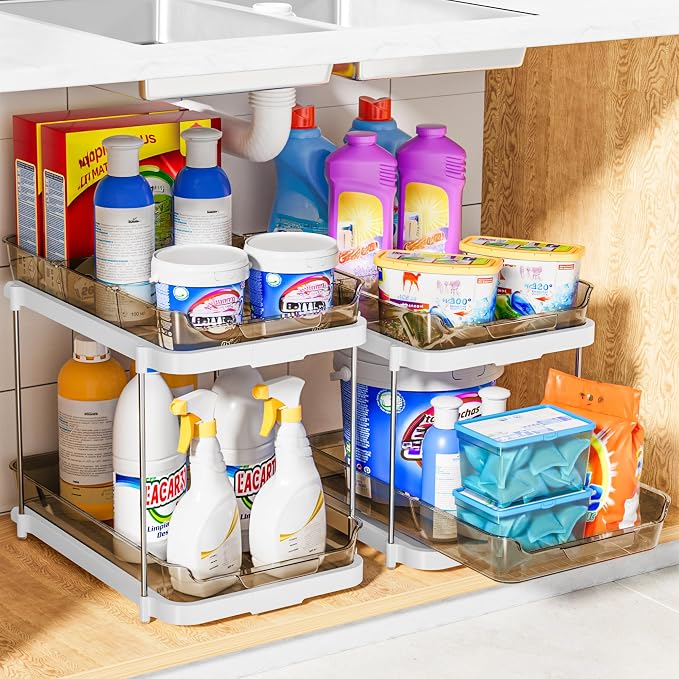 Delamu 2-Tier Multi-Purpose Bathroom Under Sink Organizers and Storage, Stackable Kitchen Pantry Organization, Pull Out Medicine Cabinet Organizer with Movable Dividers, Amber, 2 Pack - Image 7