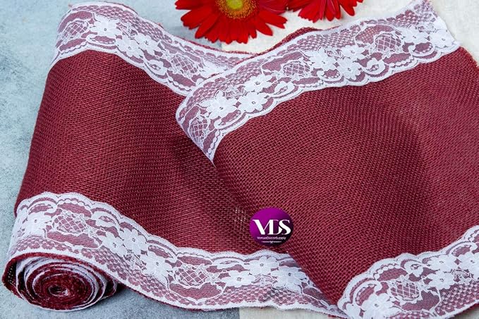 VDS Pack of 5, Burlap Table Runner with White Lace Edge, 100% Natural Jute Rustic Hessian Table Cloth Centerpiece for Wedding Birthday Party Banquet Table Decoration (Size 12X108 Inch)(Maroon) - Image 6